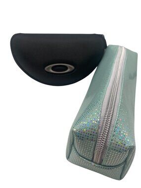 Oakley Black Hard Sunglasses Case & Holographic Mint Cosmetic Pouch Set